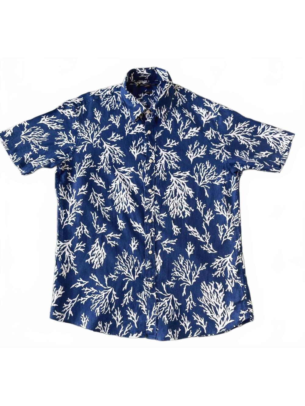 Michael Kors Linen Button Front Shirt Blue White Coral Print Slim Fit Size L
